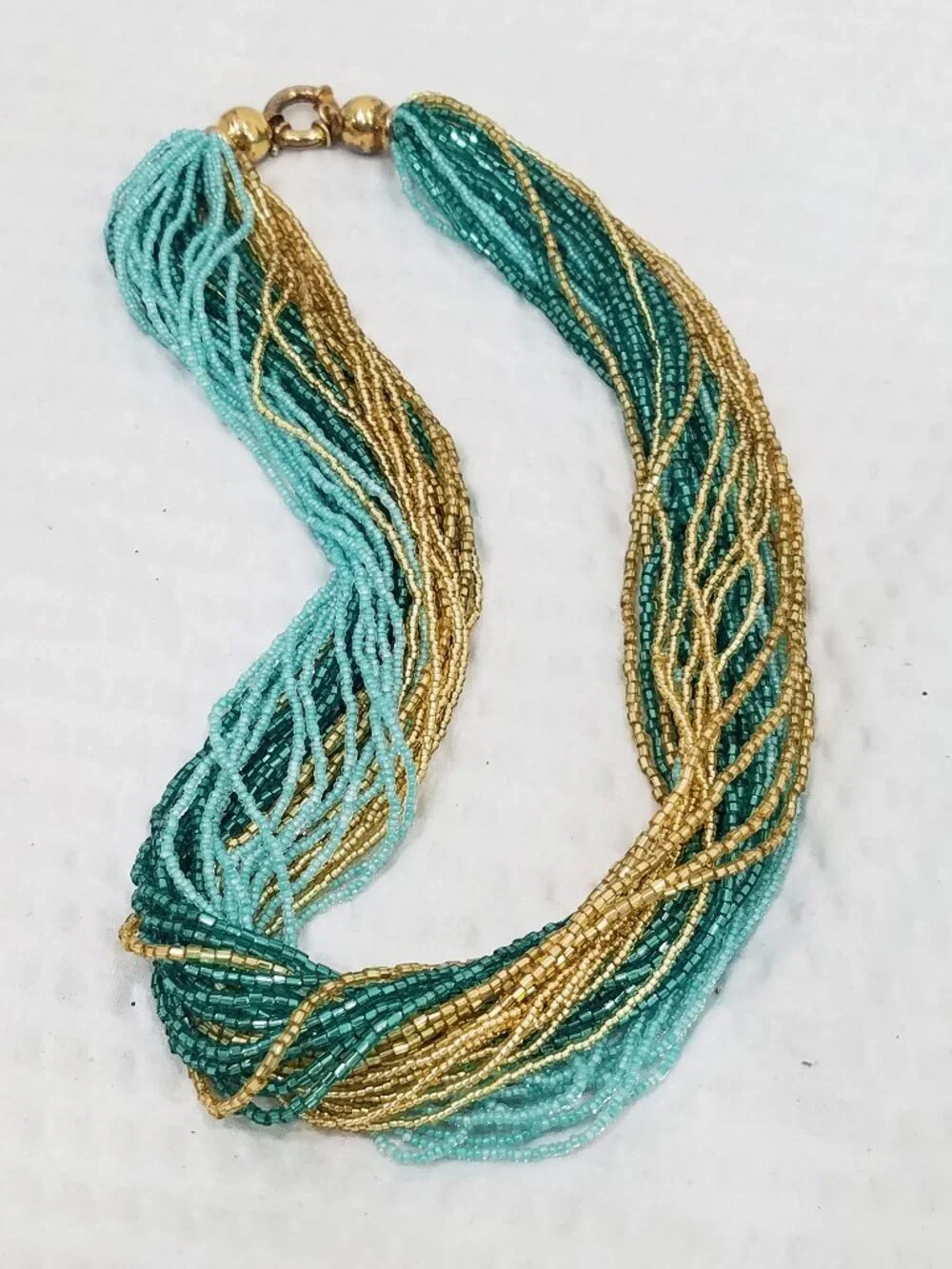 Vtg Aqua Teal & Gold Tone Glass Seed Bead Multi Strand Torsade Choker Necklace